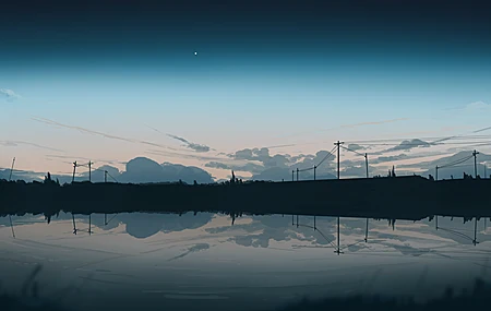 超清优雅 插图 宽屏 超宽 数字绘画 风景 云 天空 湖 水 倒影 电线杆 壁纸 5640×2400