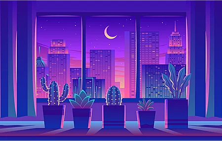 房间 城市 景观 新月 建筑 夜 月亮 仙人掌 星星 窗户 多肉 窗帘 天空 植物 壁纸 3840×2160