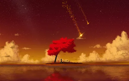 猪崎 樱花 流星 星星 倒影 女孩 学生 湖水 椅子 桌面壁纸 8000×4500