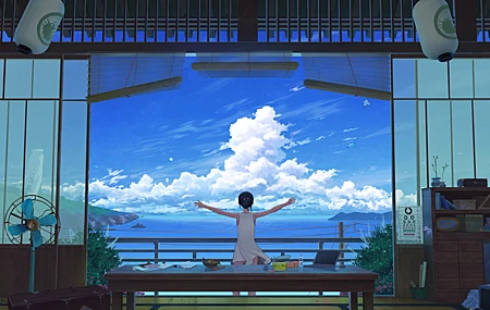 张开双臂 Z 零 夏天 云 皮卡丘 灯笼 手提箱 笔记本 电脑 信件 百叶窗 山 海鸥 风景 天空 动漫 女孩 白色连衣裙 水 桌子 风扇 海 壁纸 4512×3000