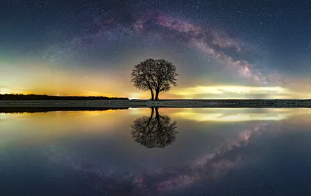 热门自然 银河系 水 倒影 树木 恒星 4K壁纸 5000×3634