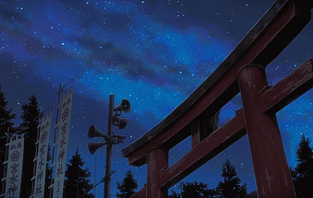动漫 星星 天空 云 夜 神社 树木 鸟居 壁纸 5118×2878