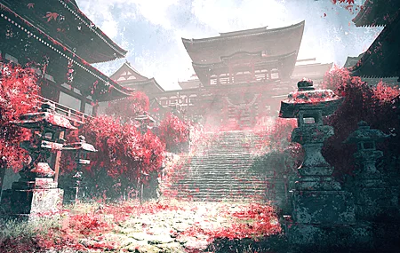 建筑 雾 天空 楼梯 阳光 寺庙 云 树木 草 柱子 手机壁纸 5184×2610
