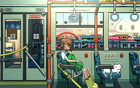 唯美女学生 坐着 短发 黑发 流口水 动漫 女孩 火车 猫 裙子 校服 短袖 动物 背包 睡觉 城市 景观 高清壁纸 4029×2225