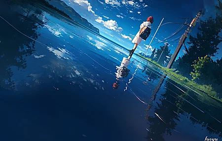高清洛羽 站立 短发 户外 女性 动漫 女孩 风景 云 倒影 背包 树木 天空 水 手机壁纸 3840×2560