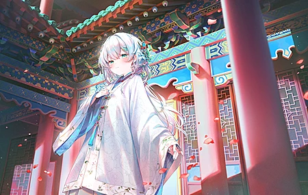 白发 绿松石 长袖 头饰 花瓣 动漫 少女 蓝指甲 国风 建筑 4K壁纸 3840×2160