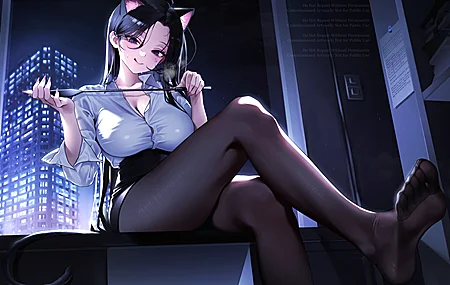 长发 锁骨 坐着 室内 女性 猫女 痣 脚底 蓝眼睛 动漫 女孩 动物 耳朵 汗水 猫耳朵 猫尾巴 星星 城市 灯光 夜 天空 黑发 鞭子 高清壁纸 3840×2160