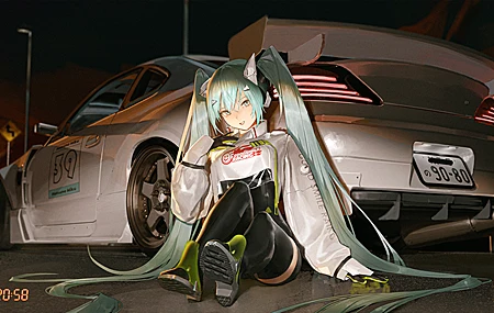精选长发 微笑 全身 蓝色头发 蓝色眼睛 坐着 动漫 女孩 初音未来 汽车 赛车 桌面壁纸 4556×2430