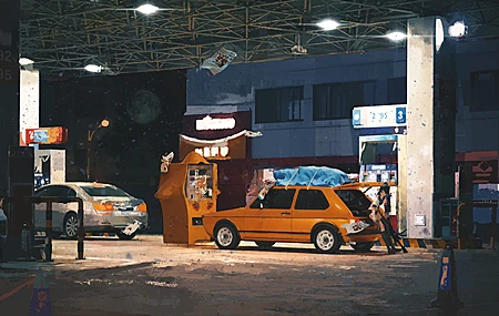 唯美女人 插图 绘画 加油站 车辆 汽车 橙色汽车 月亮 夜晚 壁纸 4000×2249