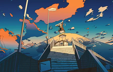 女学生 微笑 张开嘴 数字艺术 插图 云 楼梯 初音未来 桥梁 新年 桌子 雪山 天空 栏杆 双胞胎 围巾 阳光 壁纸 6400×4809