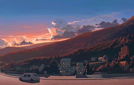 经典数字艺术 日落 车辆 山脉 道路 云 天空 插图 建筑 树木 风景 自然 壁纸 8679×2711