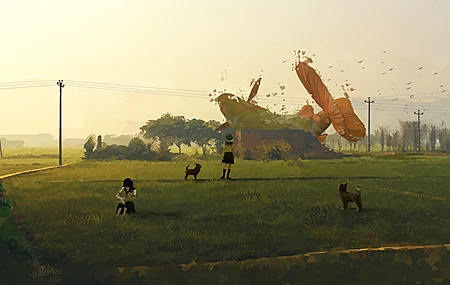 经典女学生 插图 风景 电线 狗 田野 幻想 艺术 树草 无水印壁纸 4000×2671