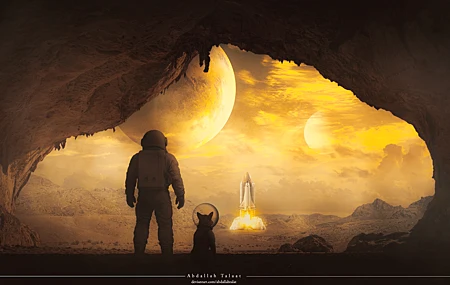 宇航员 太空 火箭 发射 狗耳朵 洞穴 外星 日落 电影 科幻 小说 游戏 风景 幻想岛 桌面壁纸 5000×3000