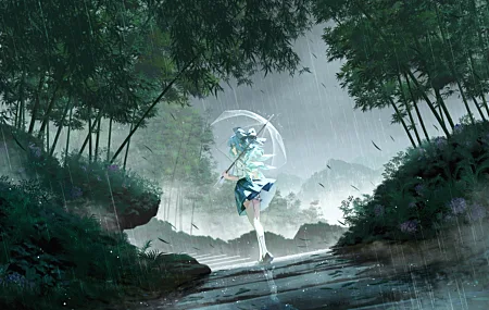 热门户外 女性 站立 蓝头发 蓝眼睛 走路 女学生 短发 雨伞 竹子 竹林 森林 雨 动漫 女孩 校服 高清壁纸 6000×4000