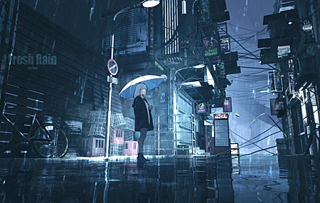 站立 长发 蓝眼睛 动漫 女孩 雨伞 风景 倒影 建筑 路灯 雨 标志 自行车 电缆 超宽 涟漪 水 4K壁纸 6000×2800