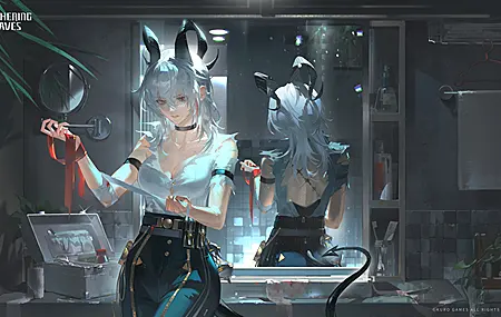 热门电子游戏 角色 白发 短发 齐肩头发 女孩 恶魔 室内 女人 扎尼 恶魔角 尾巴 高清壁纸 4096×2304