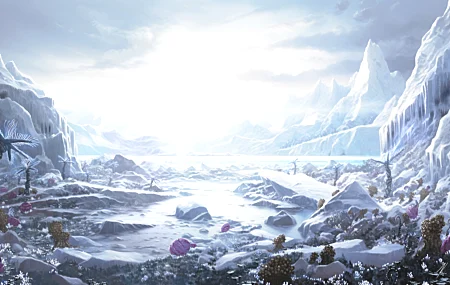 精选精英 危险 外星 世界 冰冻 湖泊 雪山 花朵 环境 绘画 科幻 小说 风景 阳光 自然 雪 天空 高清壁纸 8088×5000