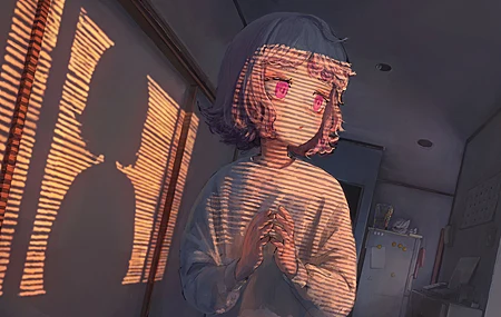 短发 室内 女性 站立 动漫 女孩 日落 公寓 绘画 阳光 长袖 4K高清壁纸 4096×2460