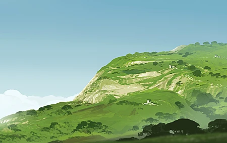 高清超宽 宽屏 插图 数字 绘画 风景 房屋 山脉 自然 树木 天空 绿色 云 手机壁纸 5640×2400