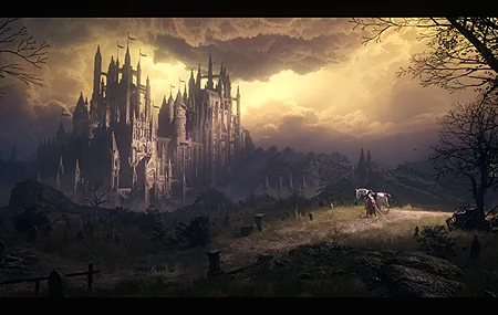 骑士 地下城 城堡 黑暗 幻想 骑马 墓地 中世纪 黄昏 雾 云 阳光 风景 树木 马 天空 桌面壁纸 3840×2160