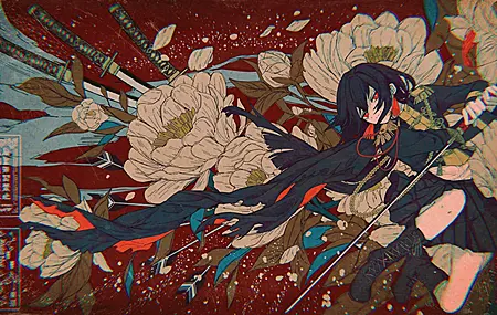 绚丽刀 女学生 长发 红眼 微笑 动漫 女孩 鲜花 剑 校服 长袖 黑发 流苏 耳环 制服 裙子 树叶 靴子 高清壁纸 3840×2160