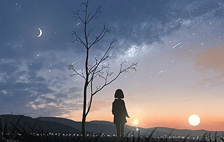 唯美女性 短发 月牙 星空 草 云 动漫 少女 流星 自然 剪影 星星 月亮 太阳 日落 树木 手机壁纸 3840×2586