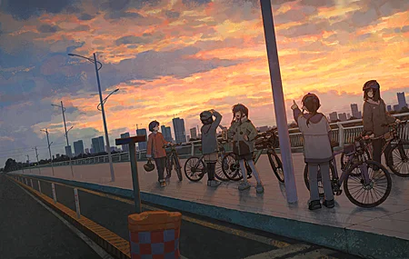 唯美一群人 马尾辫 自行车 日落 户外 尖耳朵 城市 风景 街灯 天空 云彩 高速公路 超宽 动漫 女孩 晚霞 壁纸 5253×2623