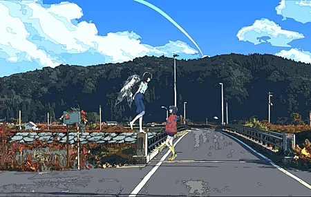 精选女性 赤脚 闭眼 长发 短发 插图 翅膀 超宽 街道 晴朗天空 桥梁 黑发 蓝色裙子 光环 路灯 电线 红色连帽衫 黄色鞋子 手机壁纸 7200×3656