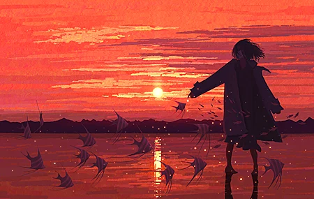 短发 插图 宽屏 日落 夕阳 鱼 剪影 天空 女性 角色 面具 宽松的衣服 壁纸 3840×2160