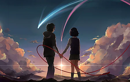情侣 你的名字 户外 云 红丝带 流星 天空 夕阳 壁纸 3840×2160
