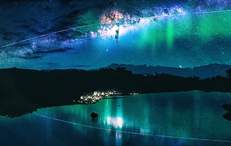热门打伞 女人 插图 风景 极光 星空 湖泊 飞行 女性 角色 动漫 女孩 雨伞 银河 树木 流星 山脉 星星 倒影 鲸鱼 高清壁纸 5900×2960