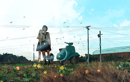 女学生 插画 风景 天空 滑板车 田野 电线 云 鸟 花 高清壁纸 4000×2250