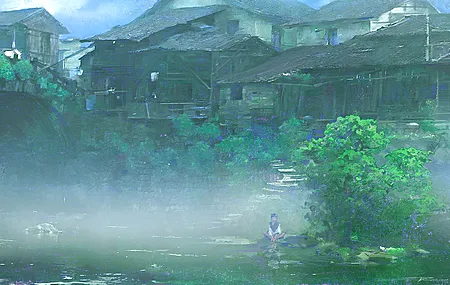 超清艺术 自然 树木 村庄 河边 河流 女孩 小孩 高清壁纸 3840×2235