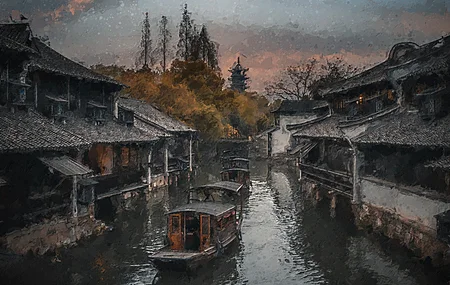 村庄 船 水 倒影 树木 天空 建筑 乌镇 4K高清壁纸 5568×3132