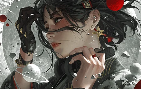 绝美女人 绿眼睛 脸 绘画 特写 耳机 行星 卫星 耳环 手套 流苏 黑发 头带 4K壁纸 10000×6818